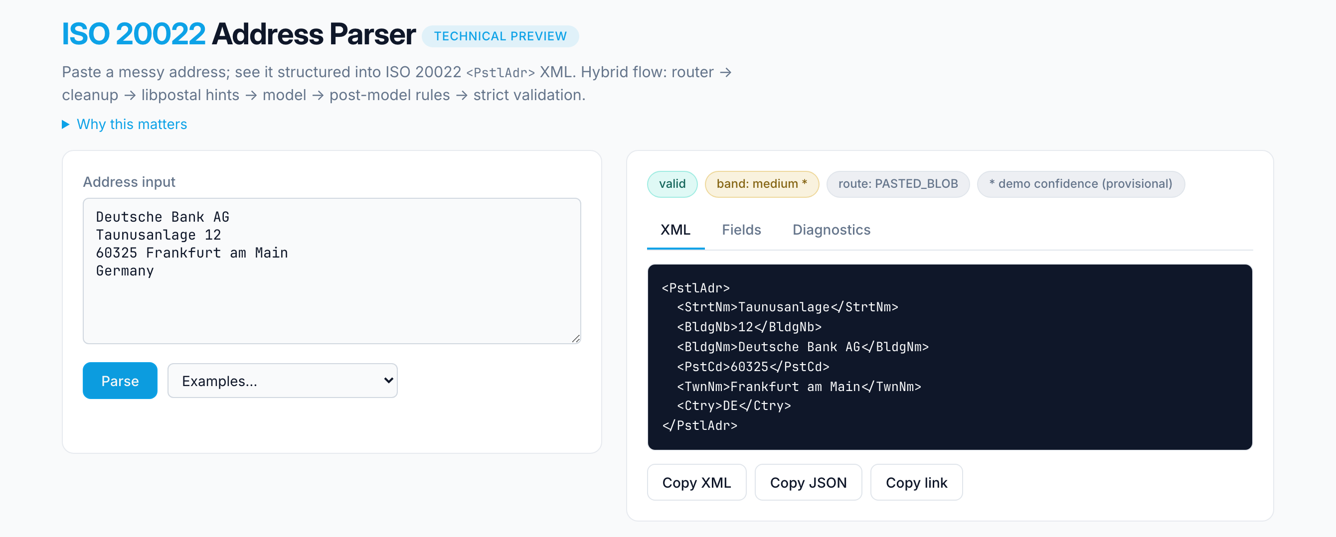 The parser UI: a pasted German bank address on the left, and on the right a parsed result showing structured PstlAdr XML with valid and medium-confidence status chips.